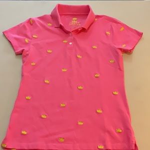 PETER MILLAR pink short sleeved collared shirt with gold crowns, small